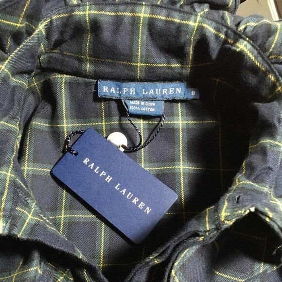 Ralph Lauren Navy Blue Multi Brushed Cotton Check Plaid Ruffle Pleat Blouse - Picture 2 of 16